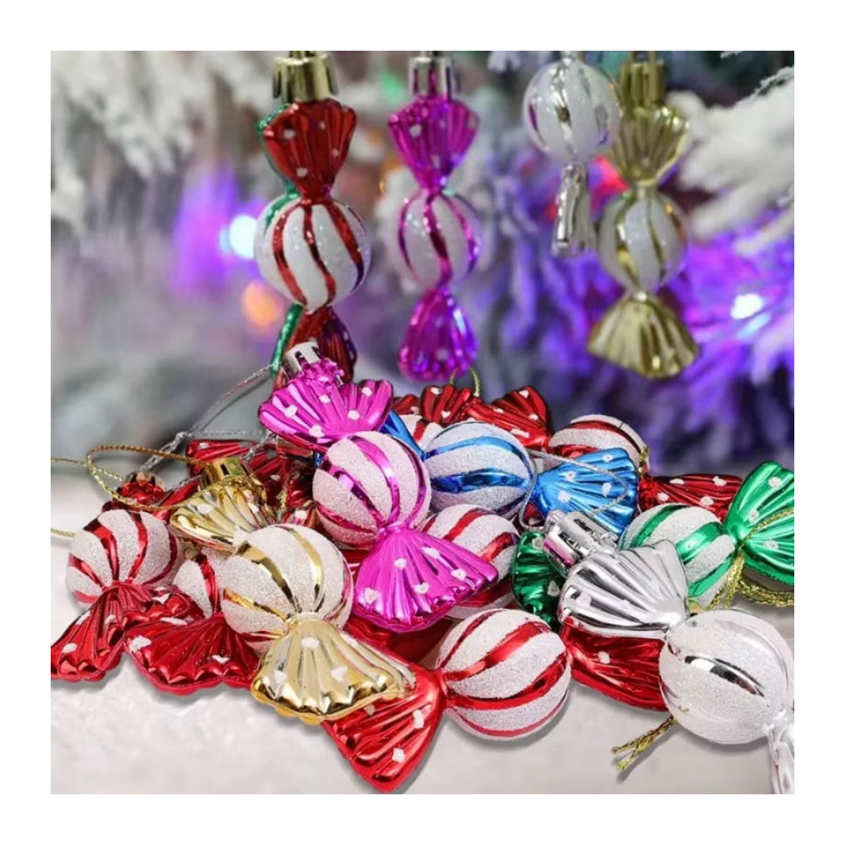 6er Set Weihnachtsbaum Hängeornamente in Süßigkeiten-Optik, rot und mehrfarbig, Kunststoff-Dekoration für Fenster und Zuhause - Bild 3