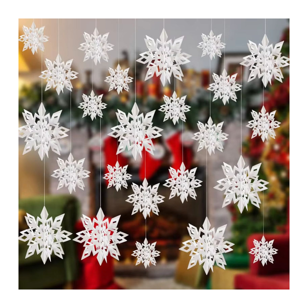 6er Set weiße 3D Schneeflocken aus Papier als hängende Weihnachtsdekoration - Bild 2