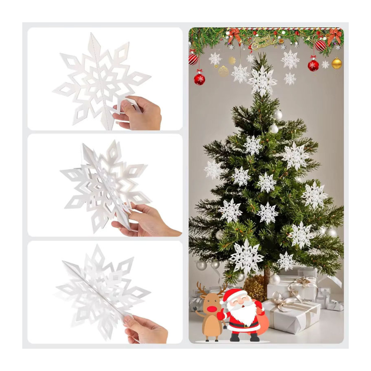 6er Set weiße 3D Schneeflocken aus Papier als hängende Weihnachtsdekoration - Bild 4