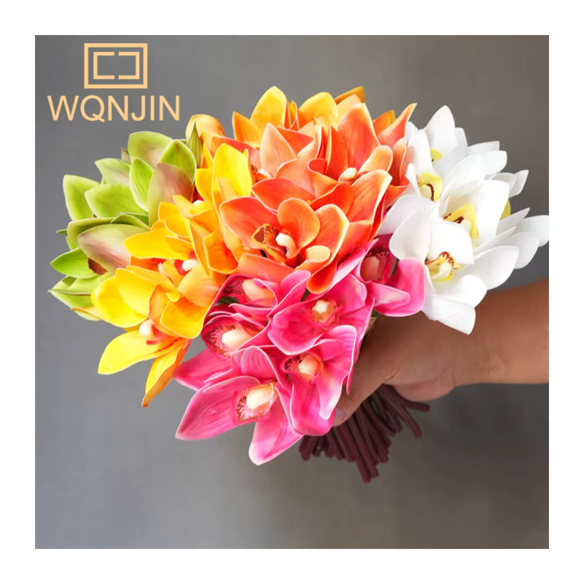 6er Set WQNJIN Künstliche Cymbidium Orchideen in Mehrfarbig und Grün als Real Touch Blumen für Tischdekoration, Hochzeiten und Fotografie - Bild 1