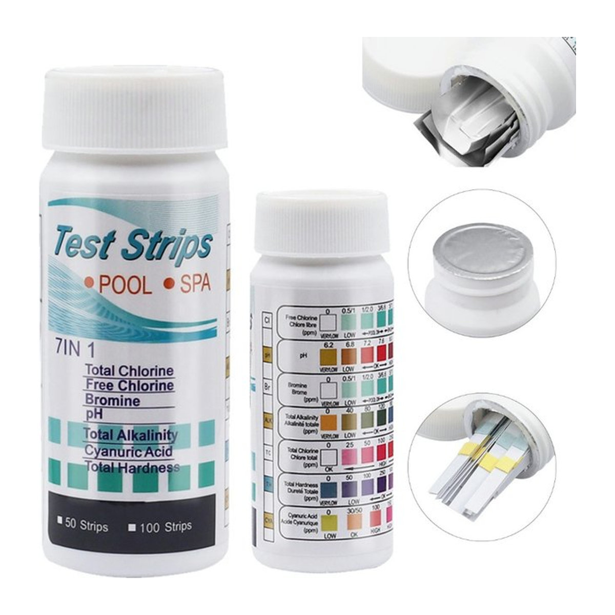 7 in 1 Wassertest PH-Streifen zur Messung von Restchlor, Alkalität und Härte in Weiß (50 oder 100 Stück) - Bild 1