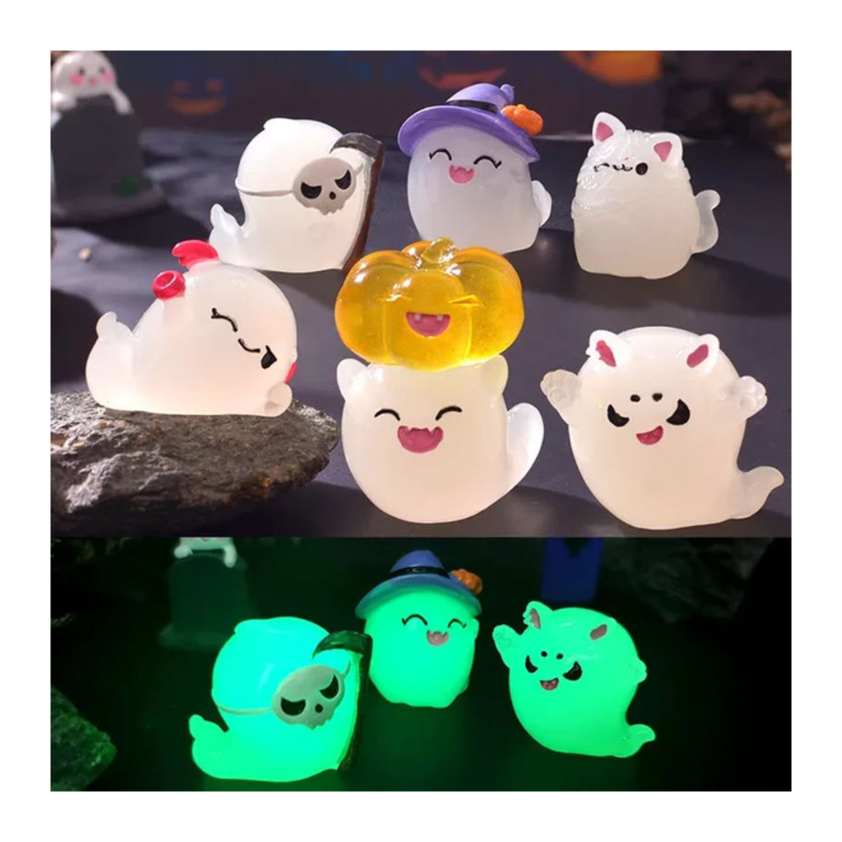 7 Stück leuchtende Halloween Geist Figuren aus Kunstharz in Weiß für Mikrolandschaften und Dekoration - Bild 1