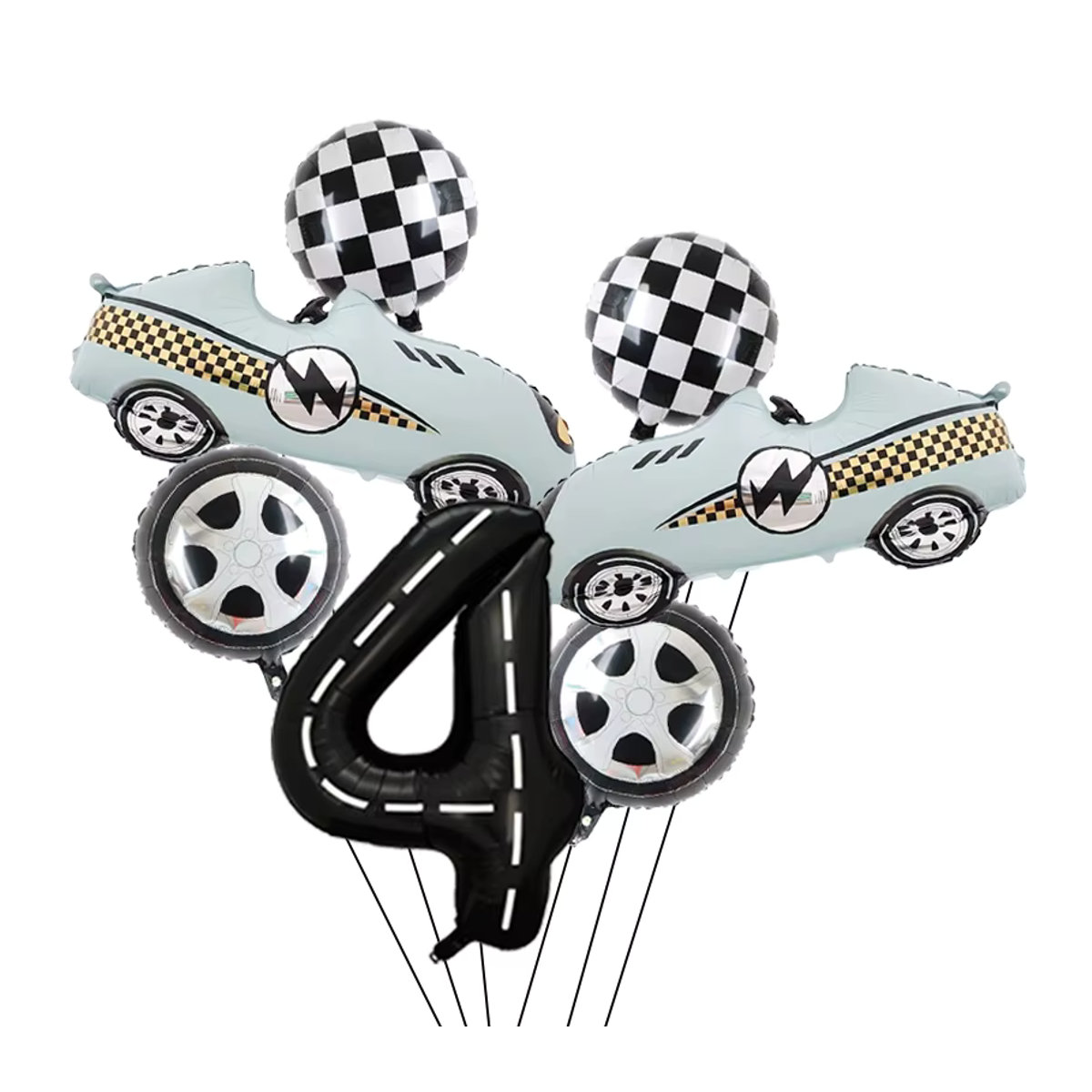 7 Stück Rennwagen-Geburtstagsballons mit Checkered-Design und schwarzen Zahlen 1–9 für Kinder, Farbe: Schwarz, Höhe: 101,6 cm - Bild 3