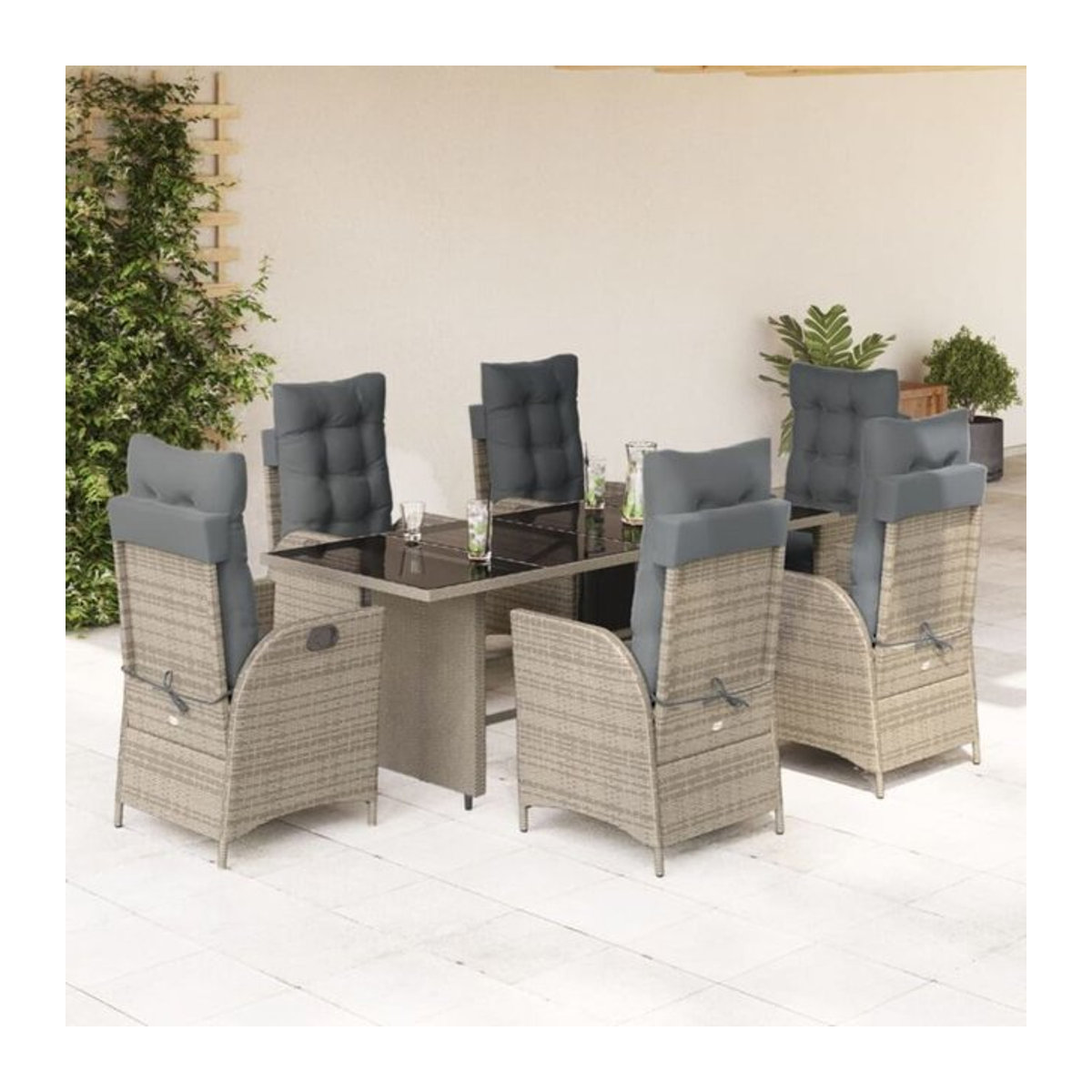 7-teilige moderne Garten-Essgruppe aus Poly-Rattan mit Kissen in Grau von vidaxl - Bild 1
