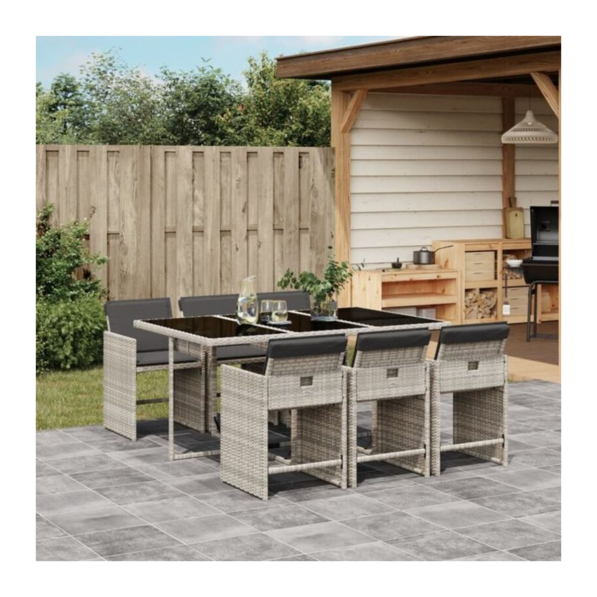 7-teilige moderne Garten-Essgruppe aus Poly-Rattan mit Kissen in Hellgrau von vidaxl - Bild 1