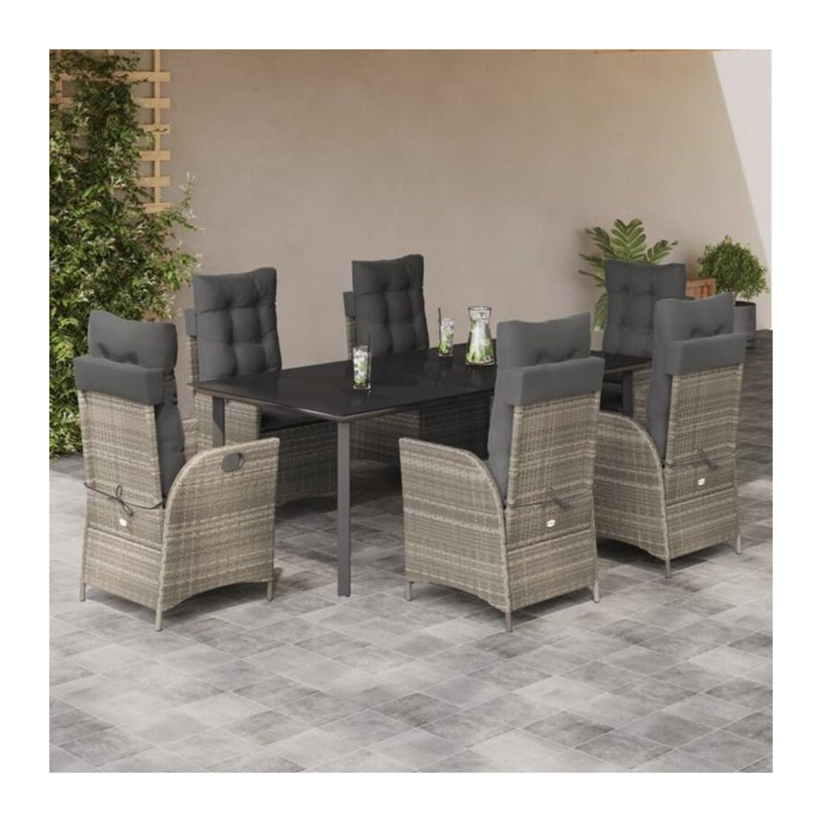 7-teilige moderne Garten-Essgruppe aus Poly-Rattan mit Kissen in Hellgrau von vidaxl - Bild 1