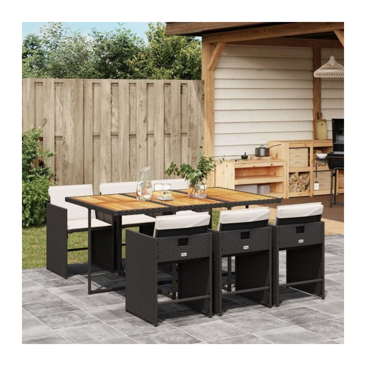 7-teilige moderne Garten-Essgruppe aus Poly-Rattan mit Kissen in Schwarz von vidaxl - Bild 1