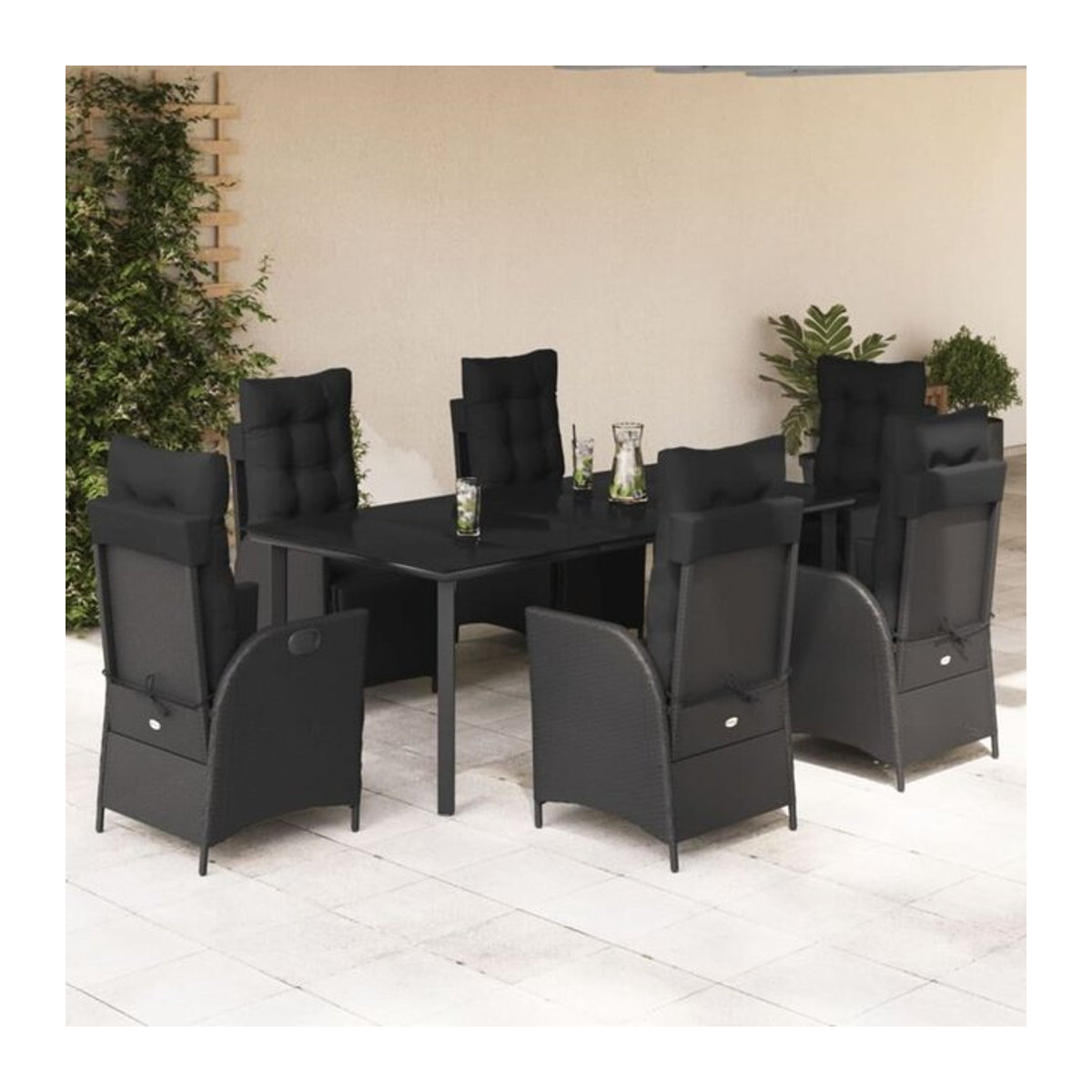 7-teilige moderne Garten-Essgruppe vidaxl aus Poly-Rattan mit Kissen in Schwarz - Bild 1