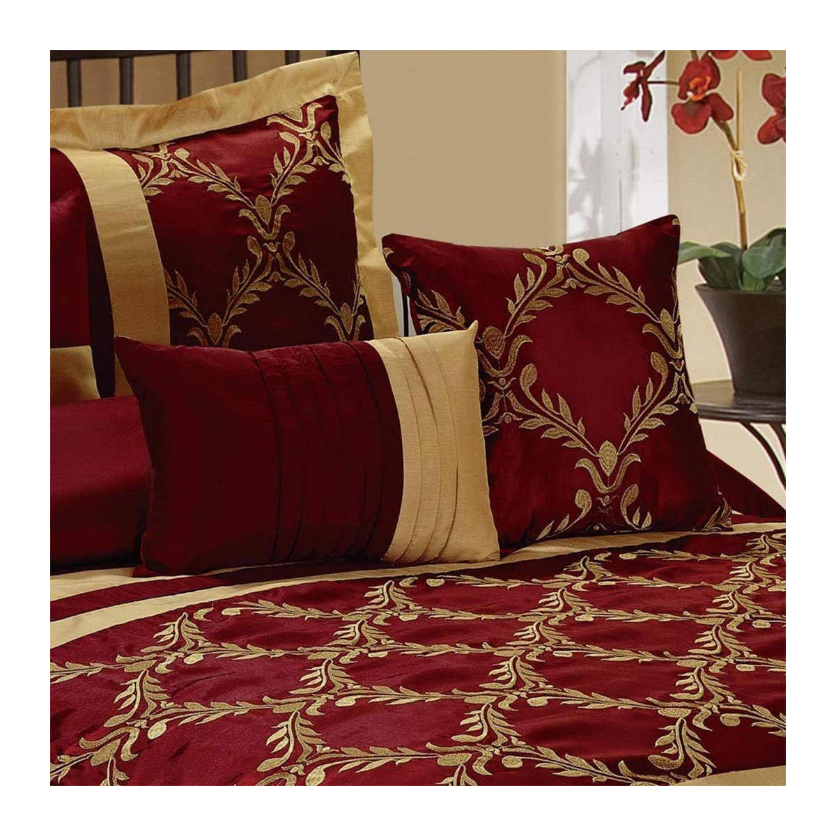 7-teiliges Claremont Bettdecken-Set aus bestickter Kunstseide in Burgunderrot und Gold von Bin Chi Textiles, atmungsaktiv und knitterarm - Bild 2