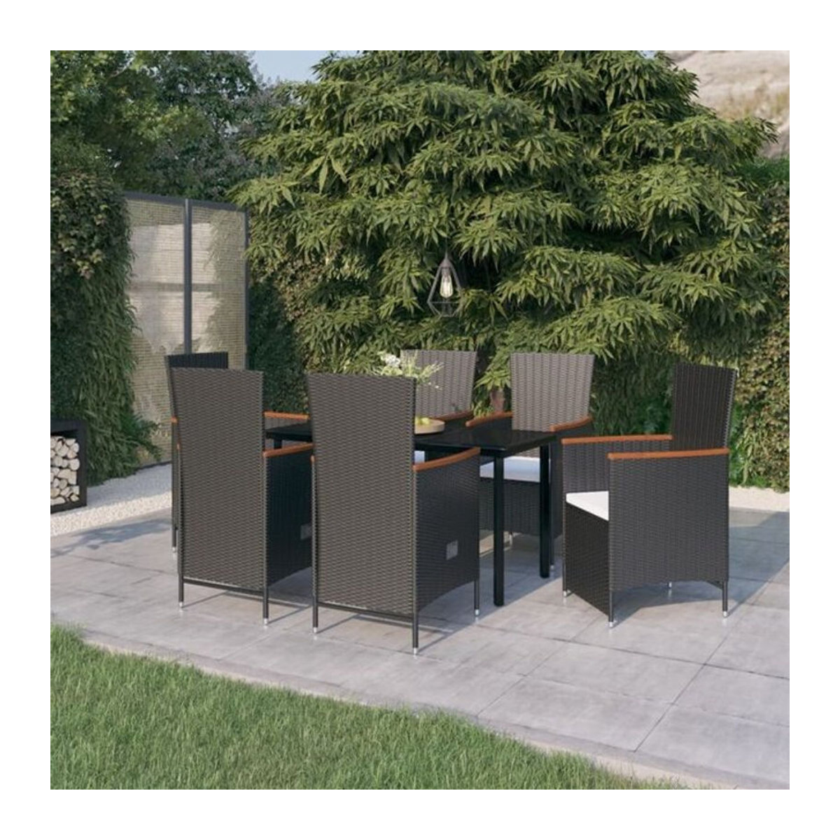 7-teiliges Gartenmöbel-Set aus Polyrattan mit Glasplatte und Kissen in Schwarz und Beige von vidaxl - Bild 1