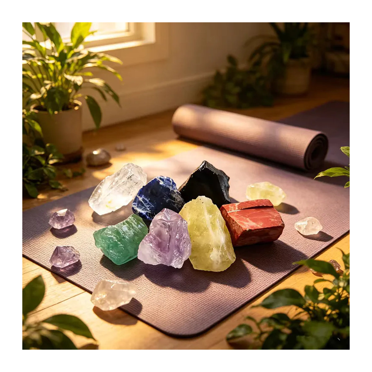 7-teiliges Set aus natürlichen Chakra-Kristallen in unregelmäßiger Form, mehrfarbig mit Citrin, Amethyst, Bergkristall, rotem Jaspis, Obsidian, Fluorit und Sodalith - Bild 3