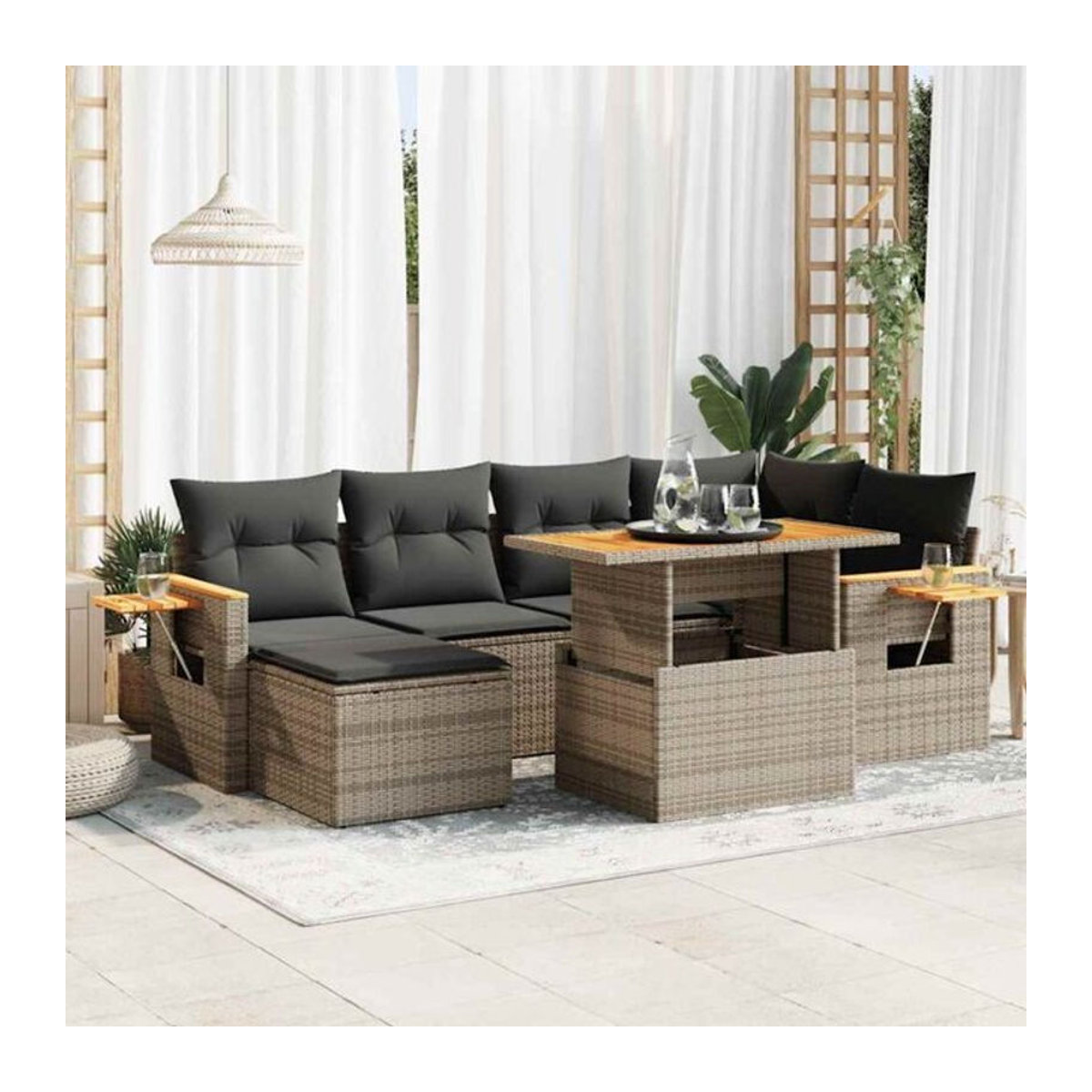 7-tlg. Garten-Sofagarnitur mit Kissen aus Polyrattan und Akazie in Grau von vidaxl - Bild 1