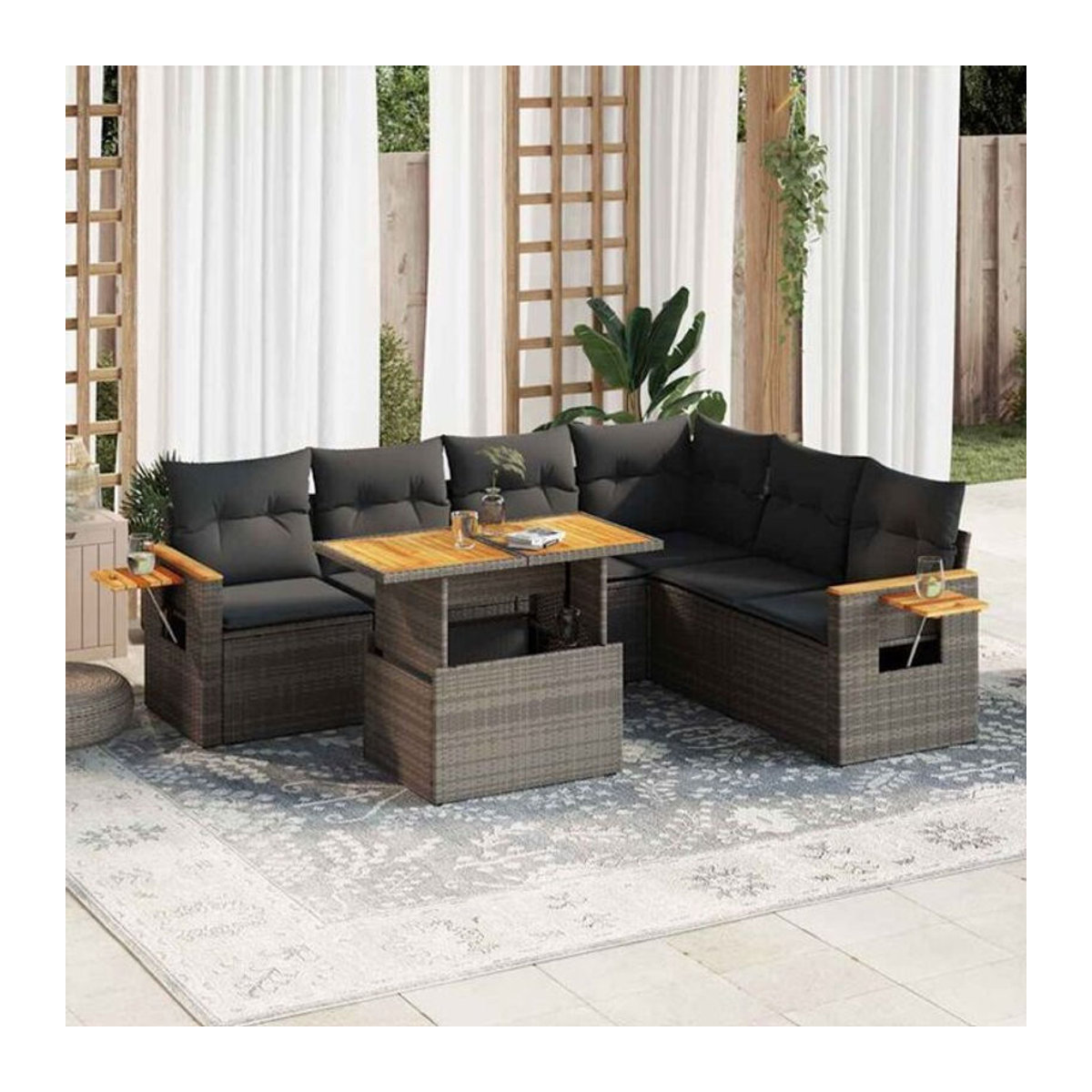 7-tlg. Garten-Sofagarnitur mit Kissen aus Polyrattan und Akazie in Grau von VIDAXL - Bild 1