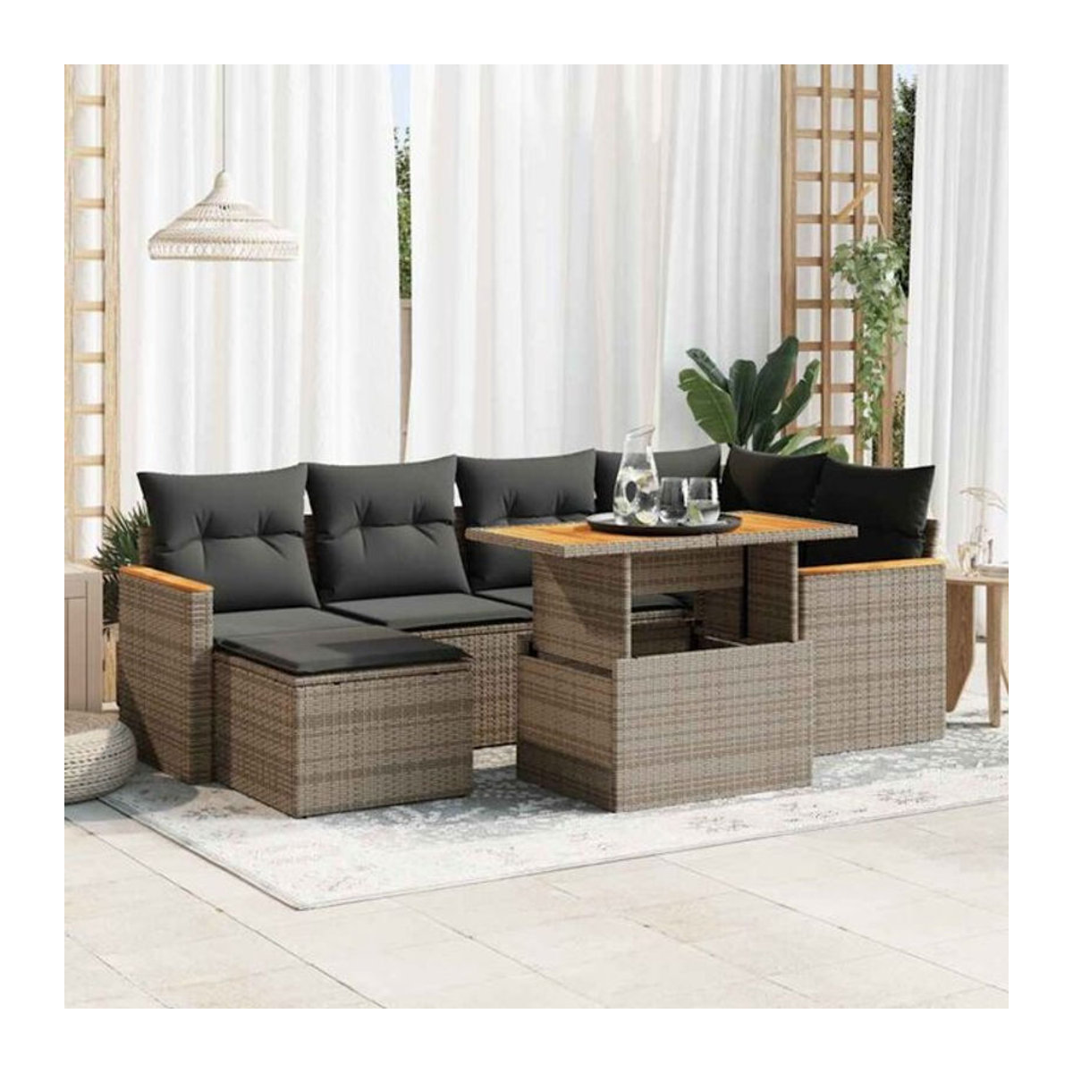 7-tlg. Loungemöbel Garten-Sofagarnitur aus Polyrattan und Akazie mit Kissen, Grau, vidaXL - Bild 1