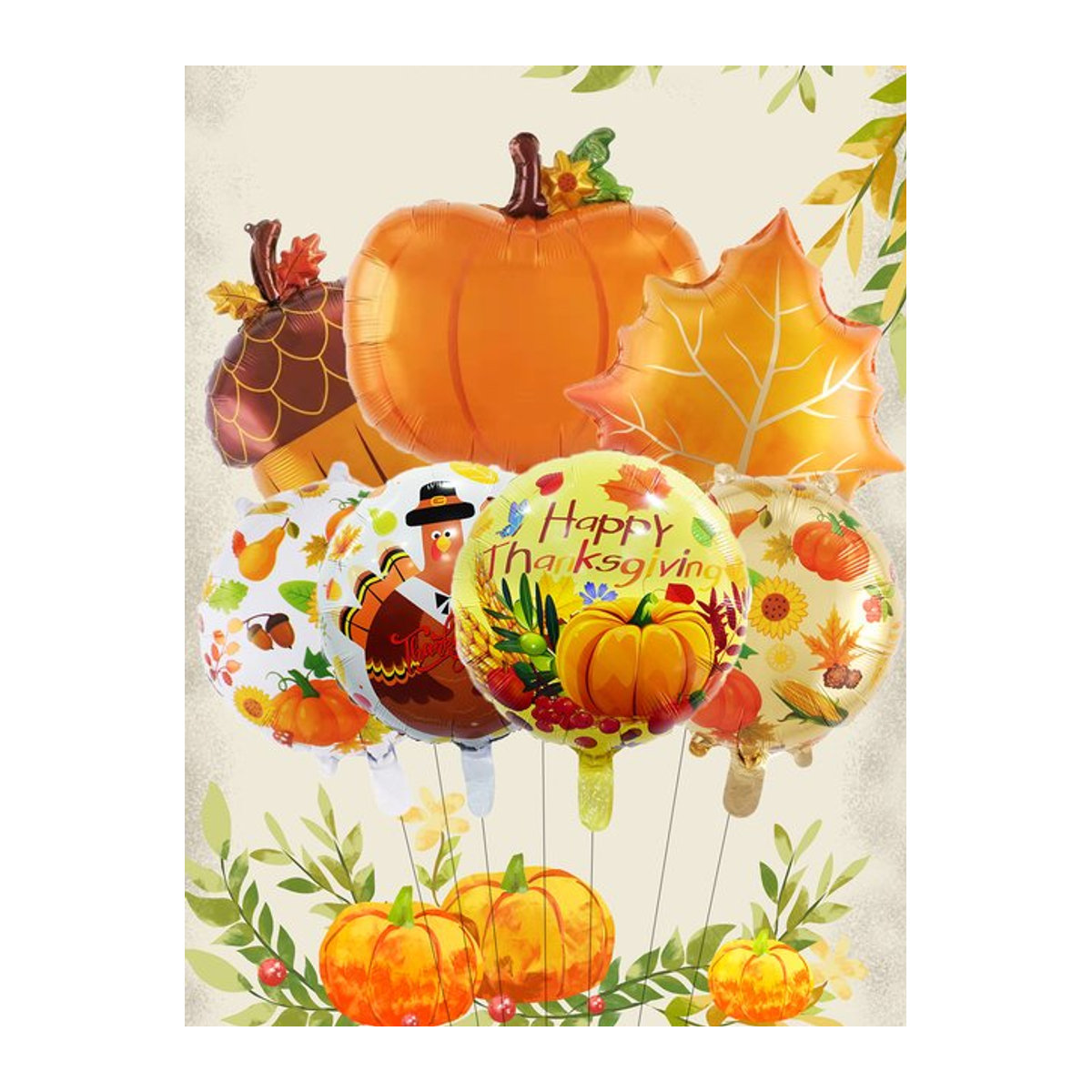 7er Set Thanksgiving Luftballons mit Kürbis, Ahornblatt und Tannenzapfen in Orange für deine Herbst- und Erntefest-Dekoration - Bild 1