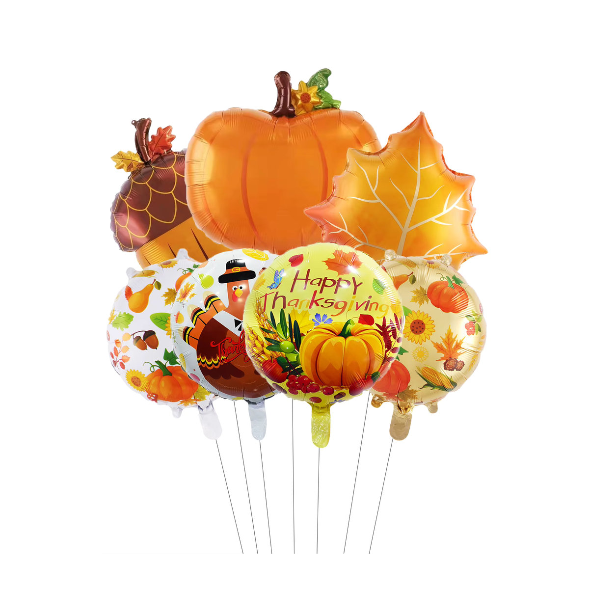 7er Set Thanksgiving Luftballons mit Kürbis, Ahornblatt und Tannenzapfen in Orange für deine Herbst- und Erntefest-Dekoration - Bild 2