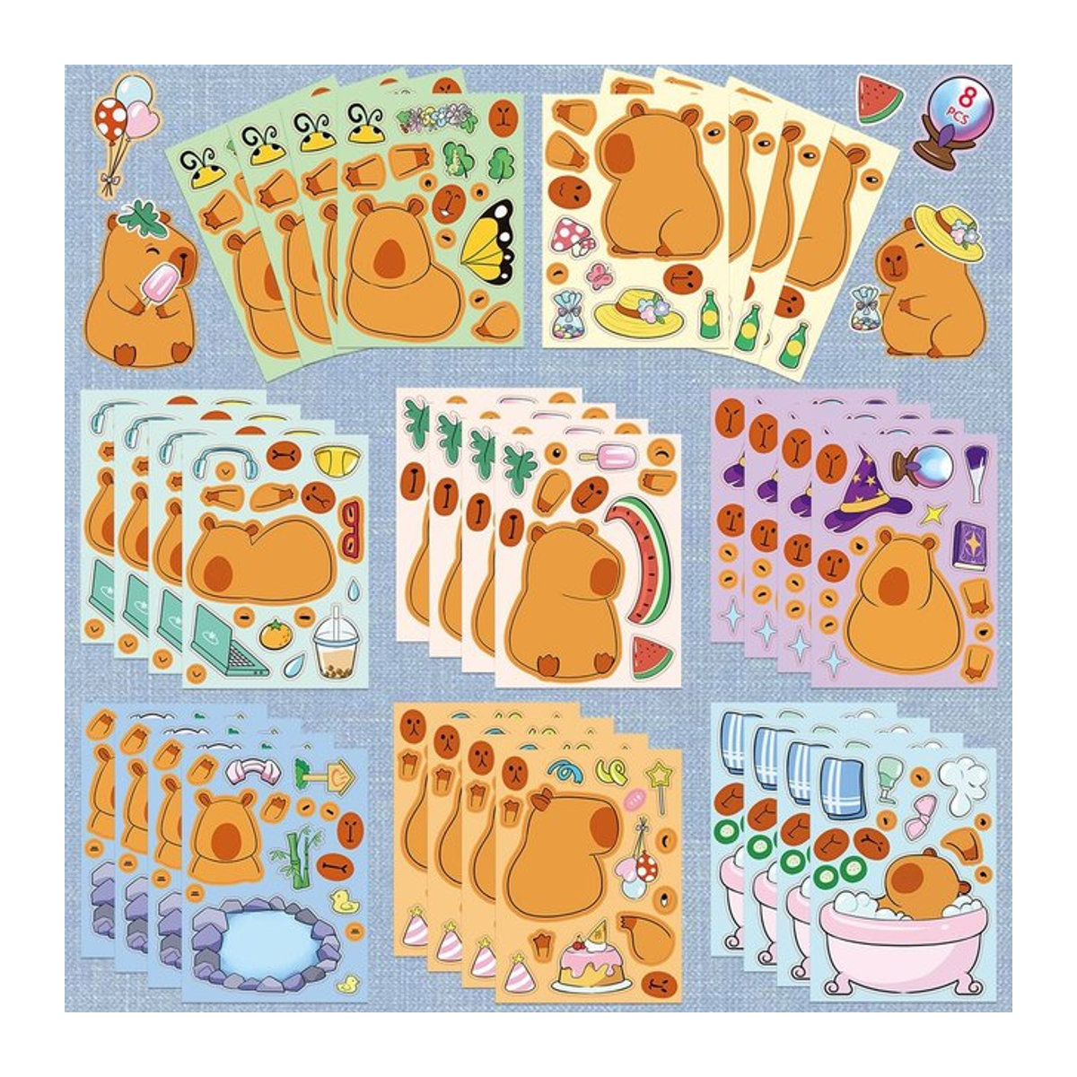 8 Stück Capybara-Puzzle-Aufkleber von AnimeWorlds Store, interaktive Cartoon Aufkleber für Kinder, wasserfest und mehrfarbig - Bild 1