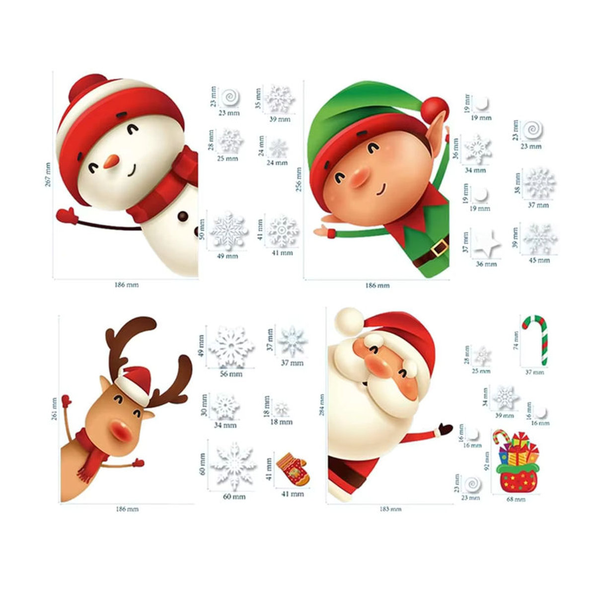 8 Stück Weihnachts-Fensteraufkleber mit Motiven wie Schneeflocken, Weihnachtsmann und Rentier, mehrfarbig, ideale Dekoration für Kinder und Partys - Bild 1
