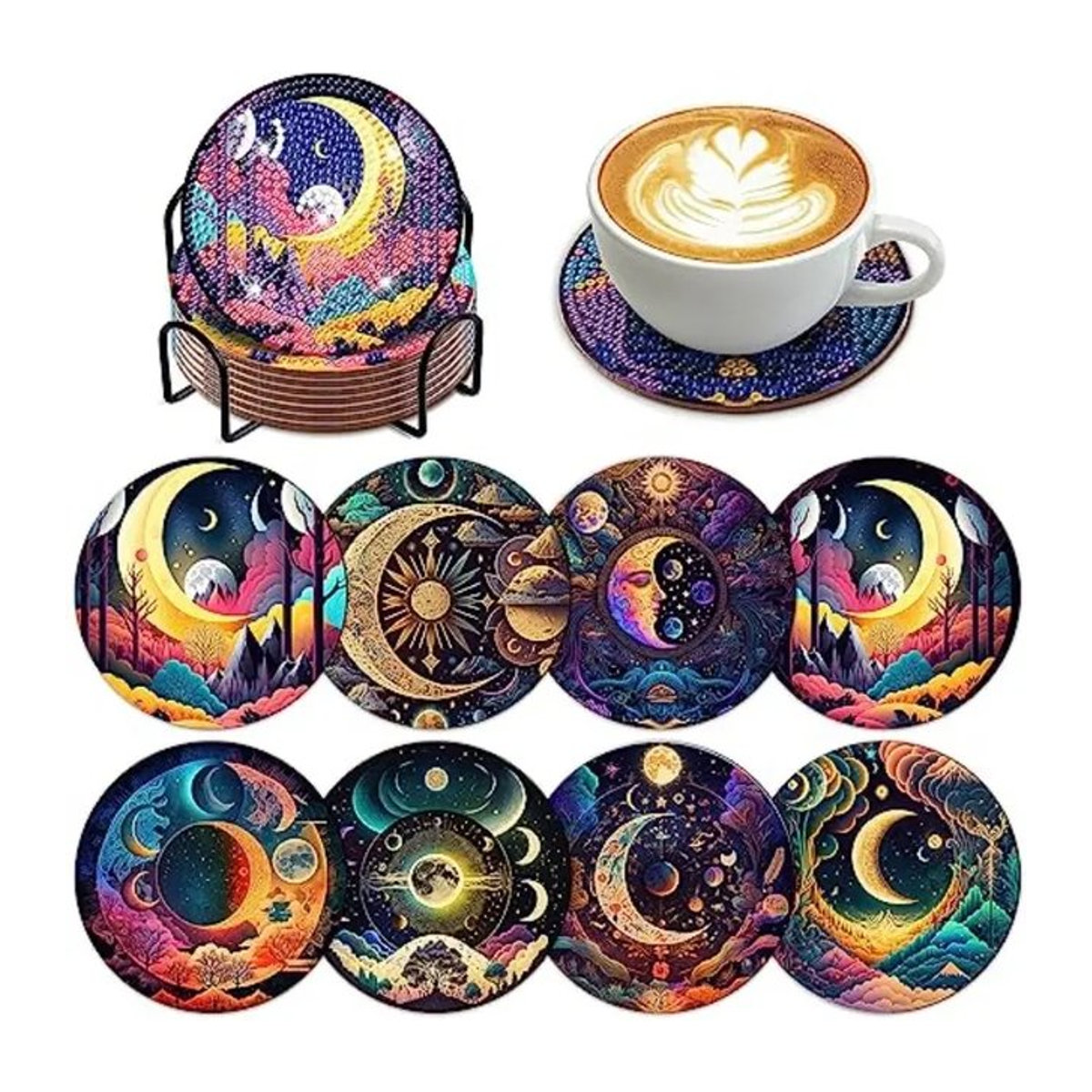 8-teiliges DIY Diamond Painting Set mit runden Mond-Getränkeuntersetzern aus Kunstharz und Ständer, mehrfarbig - Bild 1