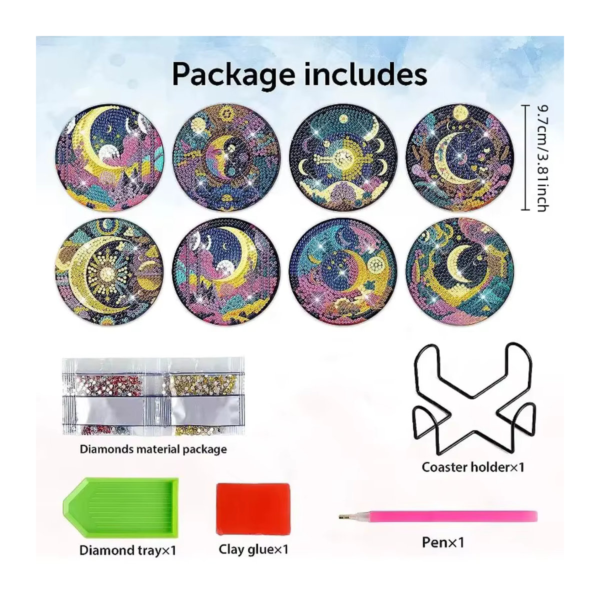 8-teiliges DIY Diamond Painting Set mit runden Mond-Getränkeuntersetzern aus Kunstharz und Ständer, mehrfarbig - Bild 3