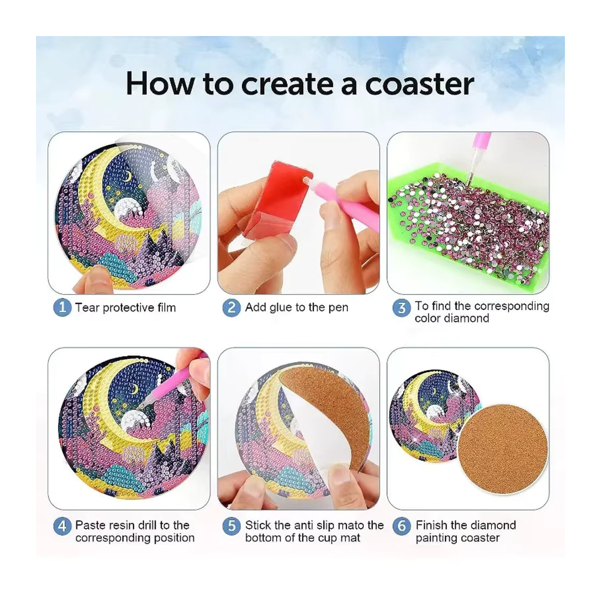 8-teiliges DIY Diamond Painting Set mit runden Mond-Getränkeuntersetzern aus Kunstharz und Ständer, mehrfarbig - Bild 4