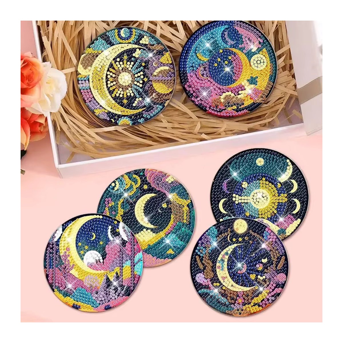 8-teiliges DIY Diamond Painting Set mit runden Mond-Getränkeuntersetzern aus Kunstharz und Ständer, mehrfarbig - Bild 5