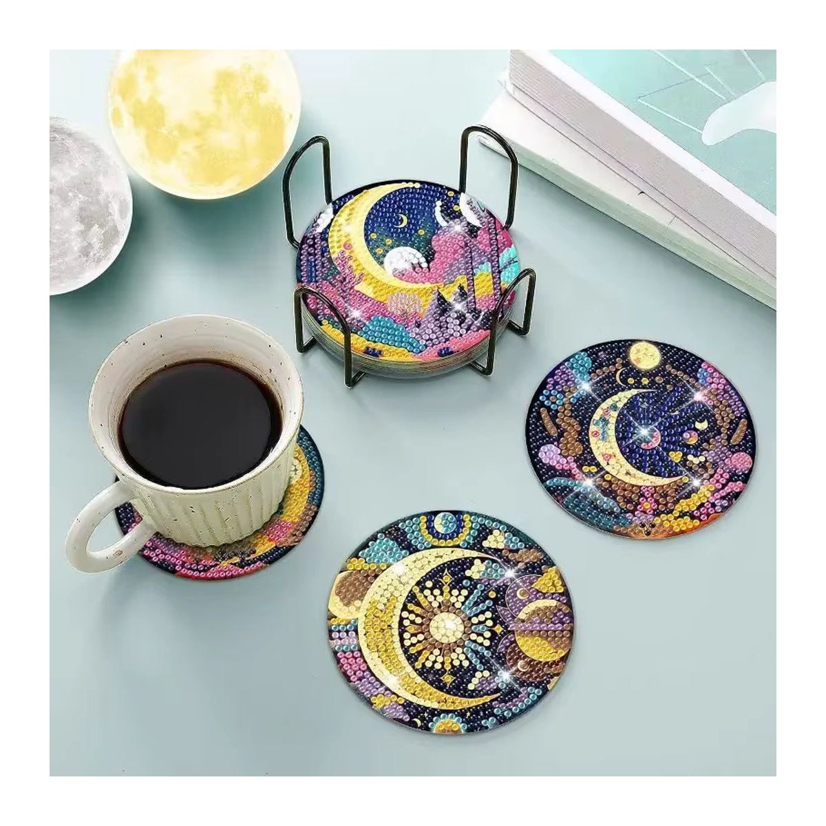 8-teiliges DIY Diamond Painting Set mit runden Mond-Getränkeuntersetzern aus Kunstharz und Ständer, mehrfarbig - Bild 6
