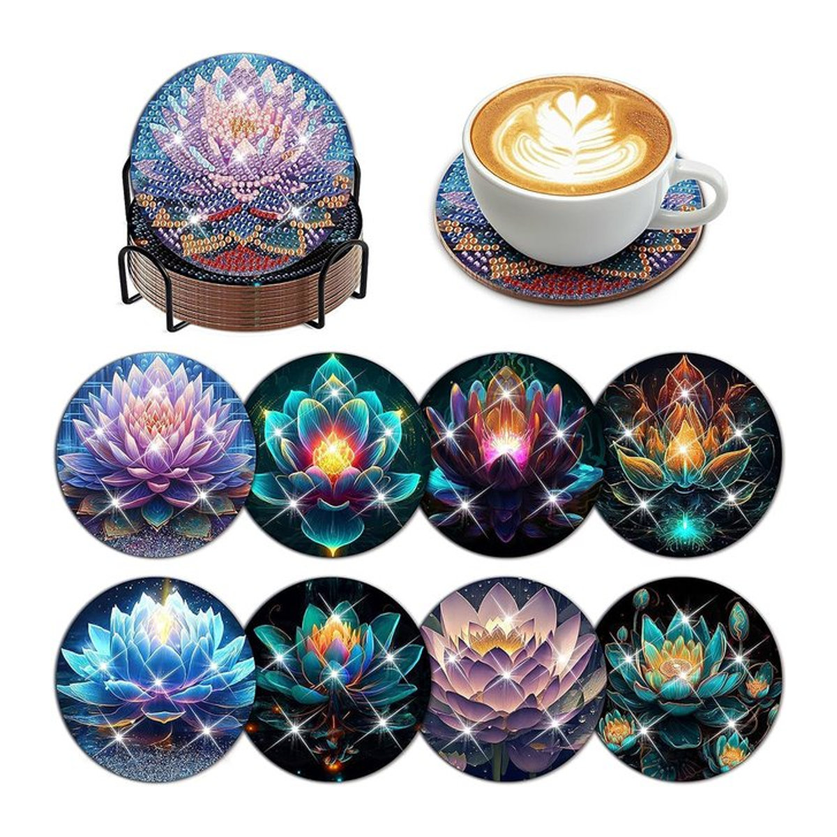 8-teiliges Lotus-Diamant-Malerei-Untersetzer-Set mit Halterung, DIY-Bastelset mit floralem Design in Mehrfarbig, runde Untersetzer für Anfänger - Bild 1
