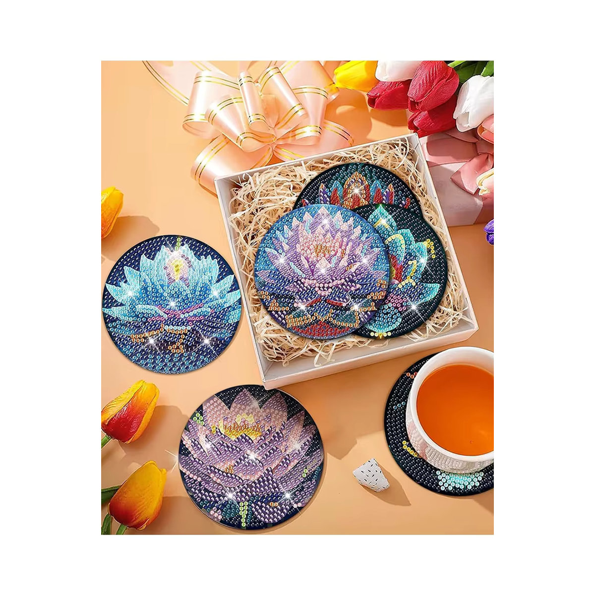 8-teiliges Lotus-Diamant-Malerei-Untersetzer-Set mit Halterung, DIY-Bastelset mit floralem Design in Mehrfarbig, runde Untersetzer für Anfänger - Bild 7