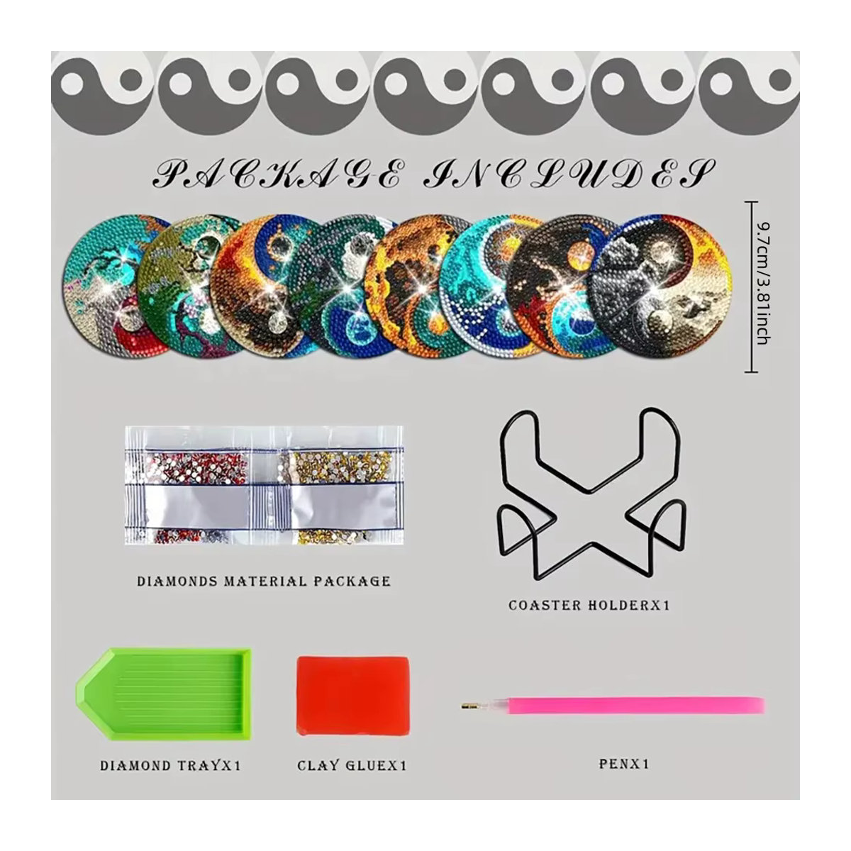 8-teiliges Set diamantbemalte Untersetzer mit Tai Chi Bagua Motiv und Halterung, rund, mehrfarbig, aus Kunstharz - Bild 1