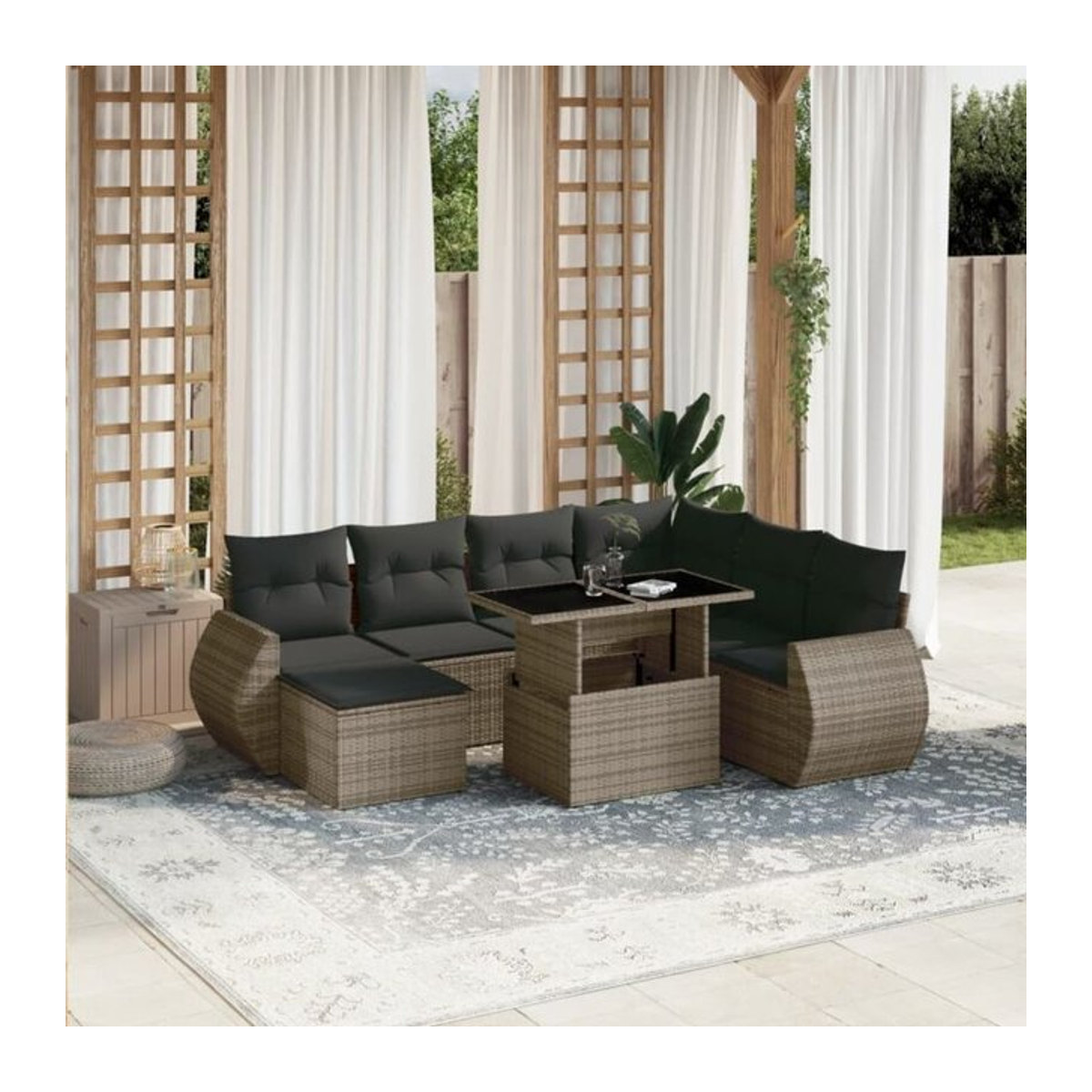 8-tlg. modulare Garten-Sofagarnitur aus Poly-Rattan mit Kissen und Fußhocker in Grau von vidaxl - Bild 1