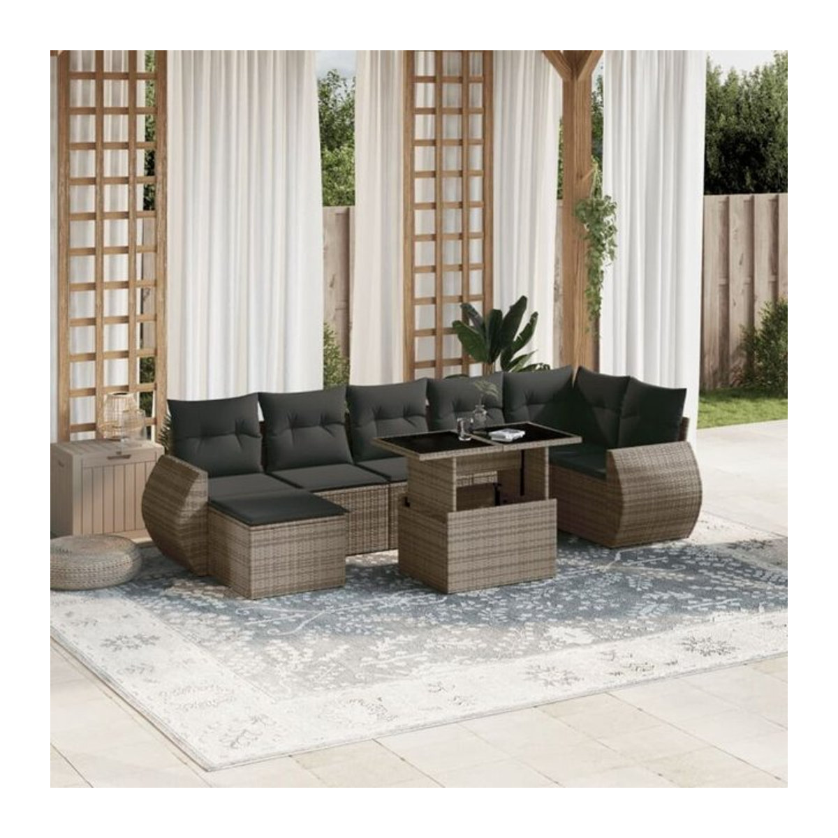 8-tlg. modulare Garten-Sofagarnitur aus Poly-Rattan mit Kissen und Fußhocker in Grau von vidaxl - Bild 1