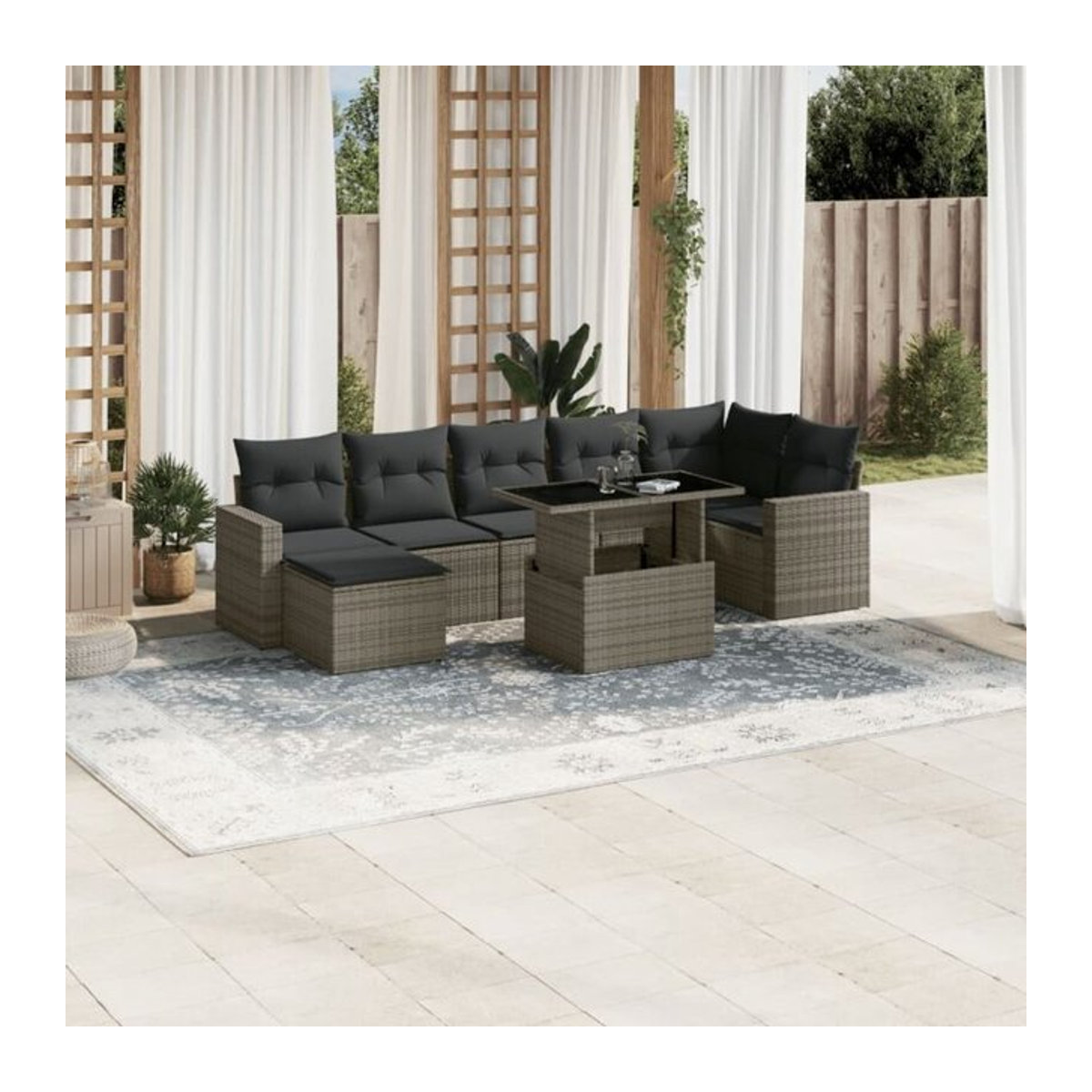 8-tlg. modulare Garten-Sofagarnitur aus Poly-Rattan und Metall mit Kissen und Fußhocker in Grau von vidaxl - Bild 1