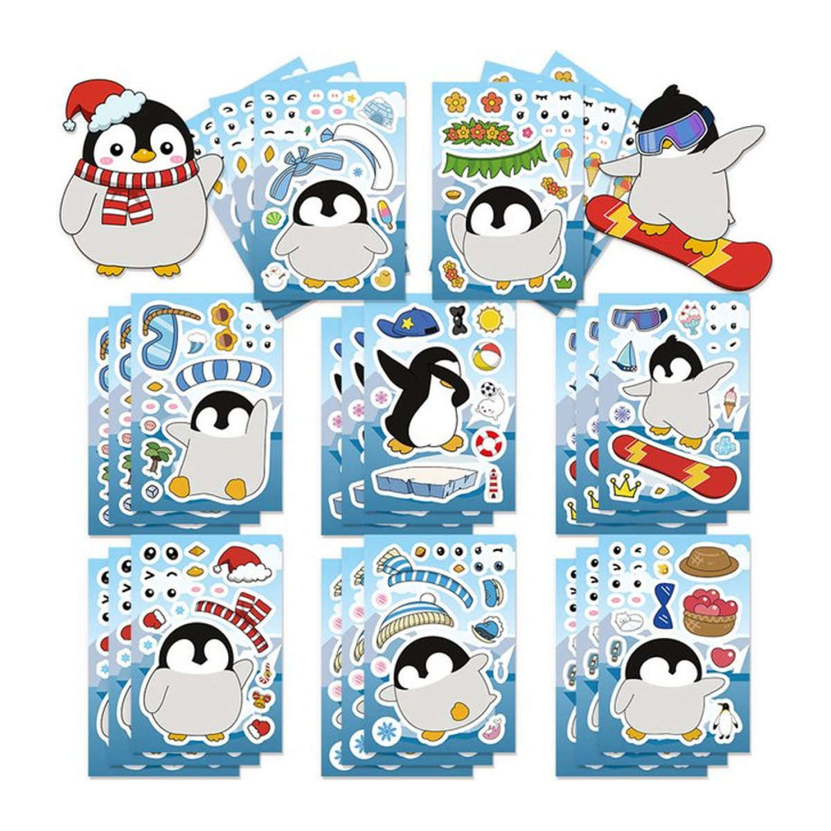 8er Set Cartoon Pinguin Gesicht Ändern Puzzle Aufkleber aus Papier in Mehrfarbig für Kinder - Bild 1