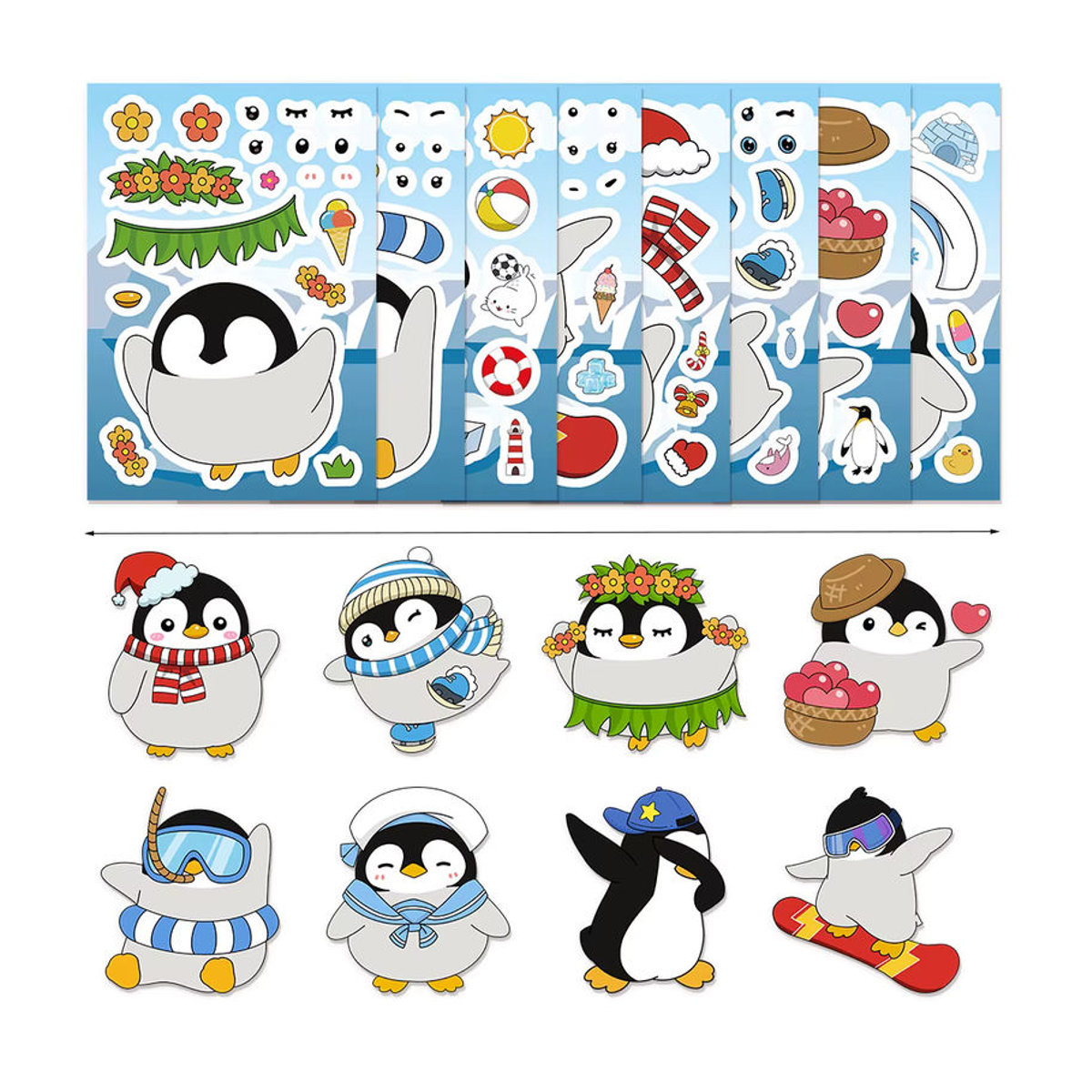8er Set Cartoon Pinguin Gesicht Ändern Puzzle Aufkleber aus Papier in Mehrfarbig für Kinder - Bild 2
