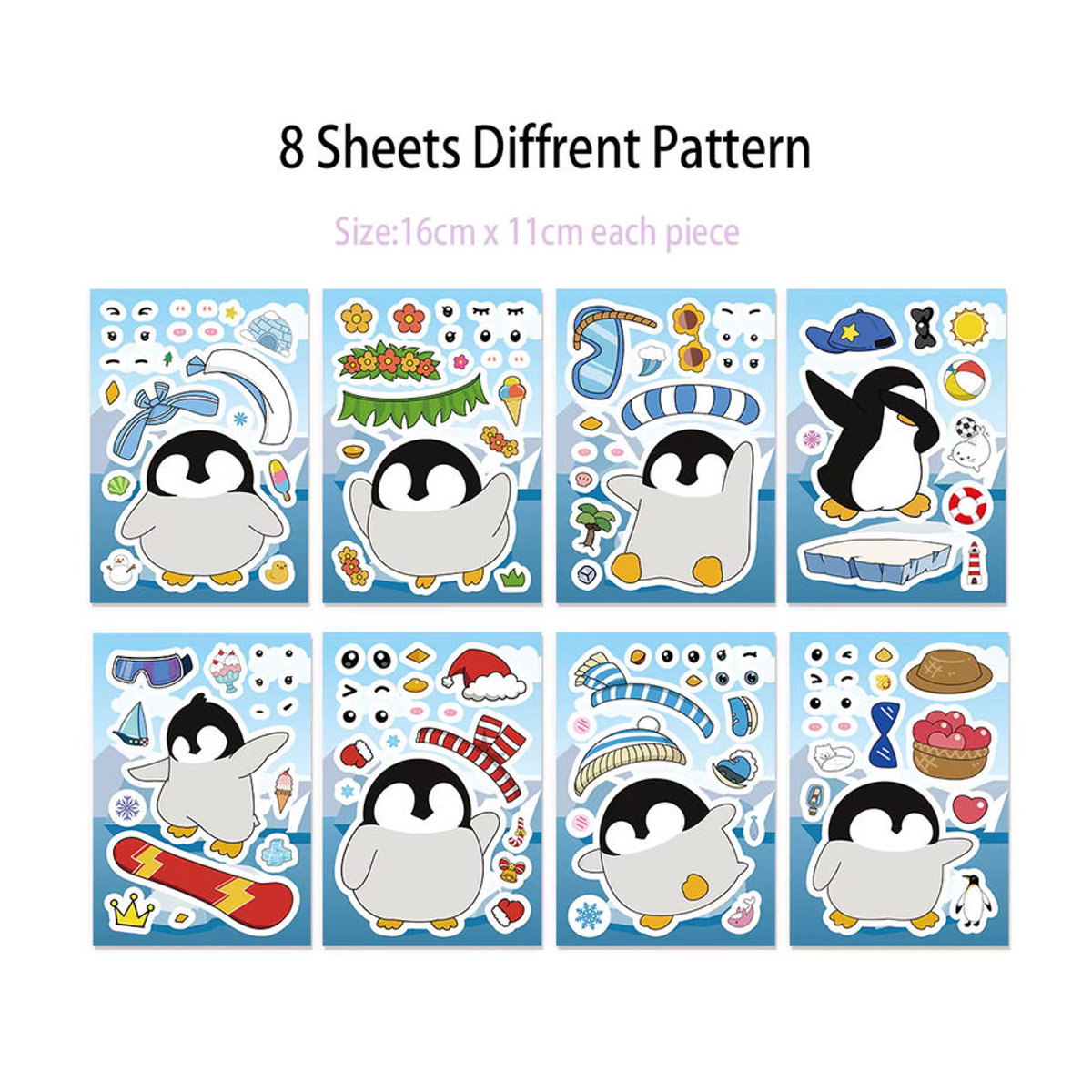 8er Set Cartoon Pinguin Gesicht Ändern Puzzle Aufkleber aus Papier in Mehrfarbig für Kinder - Bild 4