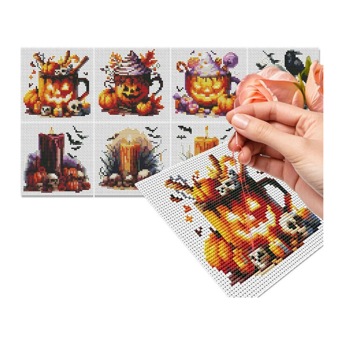 8er Set Halloween Kreuzstich Stickerei Kits mit Kürbis-Motiv auf bedrucktem Stoff für deine Wanddekoration, mehrfarbig - Bild 1