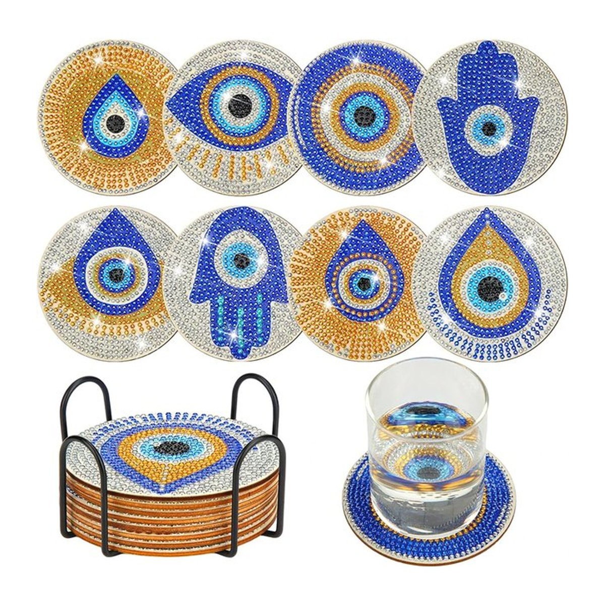 8er Set Mandala Untersetzer zum Selbermachen mit Halter, DIY Diamond Painting Bastelset in Mehrfarbig, Rundes Kunstset mit geometrischem Design - Bild 1