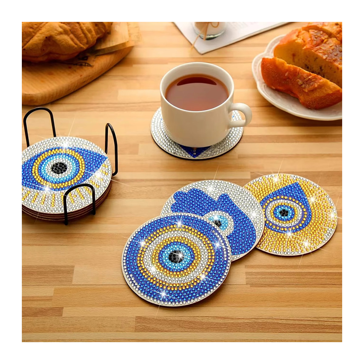 8er Set Mandala Untersetzer zum Selbermachen mit Halter, DIY Diamond Painting Bastelset in Mehrfarbig, Rundes Kunstset mit geometrischem Design - Bild 3