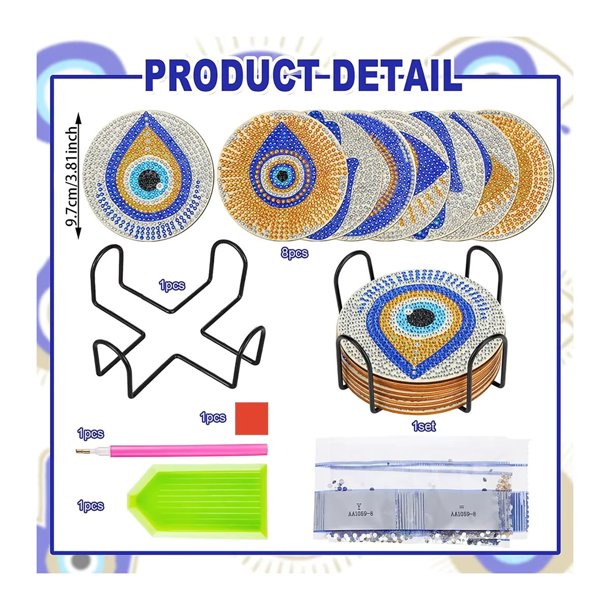 8er Set Mandala Untersetzer zum Selbermachen mit Halter, DIY Diamond Painting Bastelset in Mehrfarbig, Rundes Kunstset mit geometrischem Design - Bild 4