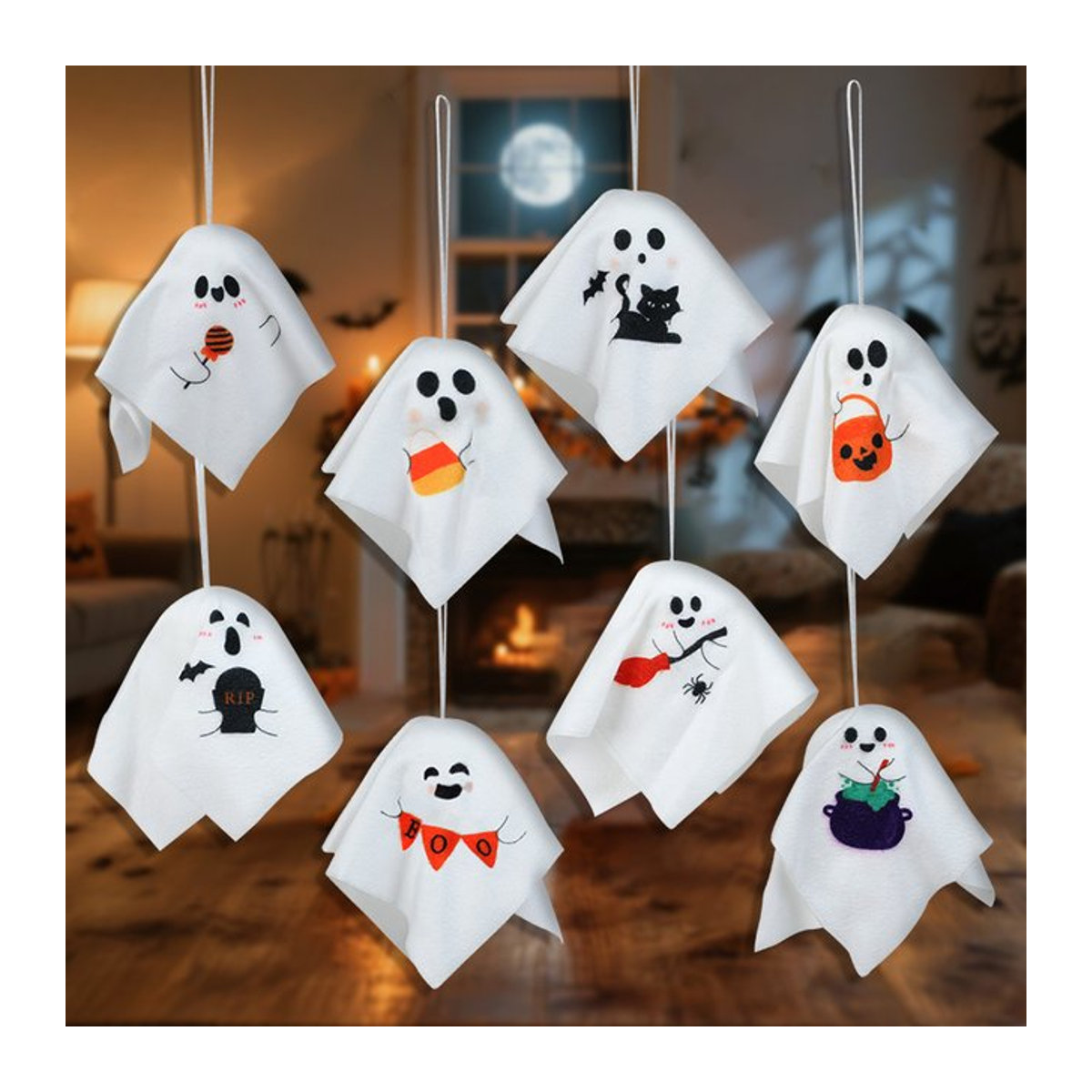 8er Set ZQNYCY Halloween Geist Hängeornamente aus weißem Textil für Kinder als Deko für Innen und Außen - Bild 1