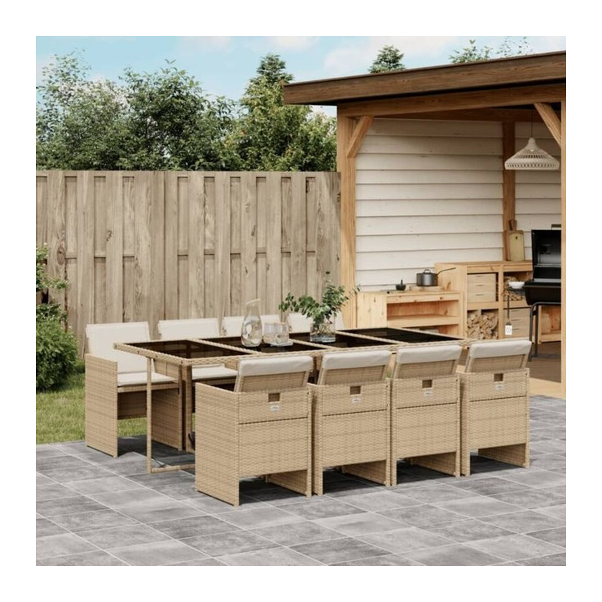 9-teilige Garten-Essgruppe aus Poly-Rattan mit Kissen in Beige und Glasplatte von vidaxl - Bild 1