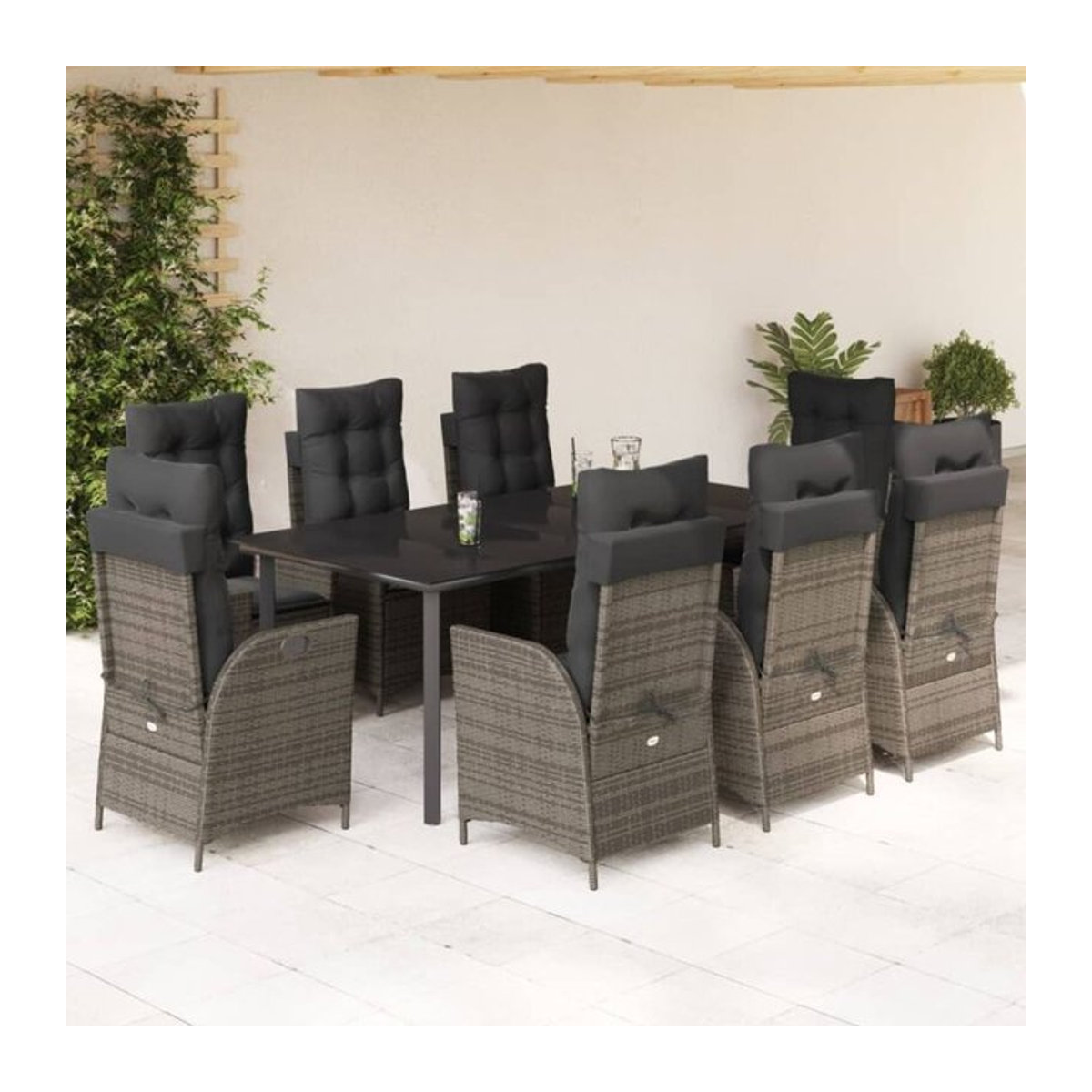 9-teilige moderne Garten-Essgruppe aus grauem Poly-Rattan mit Glasplatte und Kissen von vidaxl - Bild 1