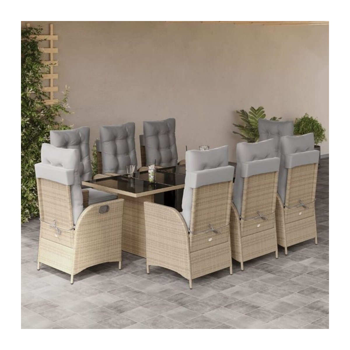 9-teilige moderne Garten-Essgruppe aus Poly-Rattan mit Kissen in Beige von vidaxl - Bild 1