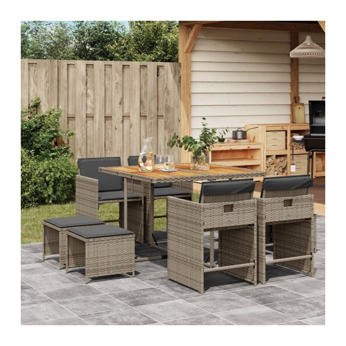 9-teilige moderne Garten-Essgruppe aus Poly-Rattan mit Kissen in Grau und Braun von vidaxl - Bild 1