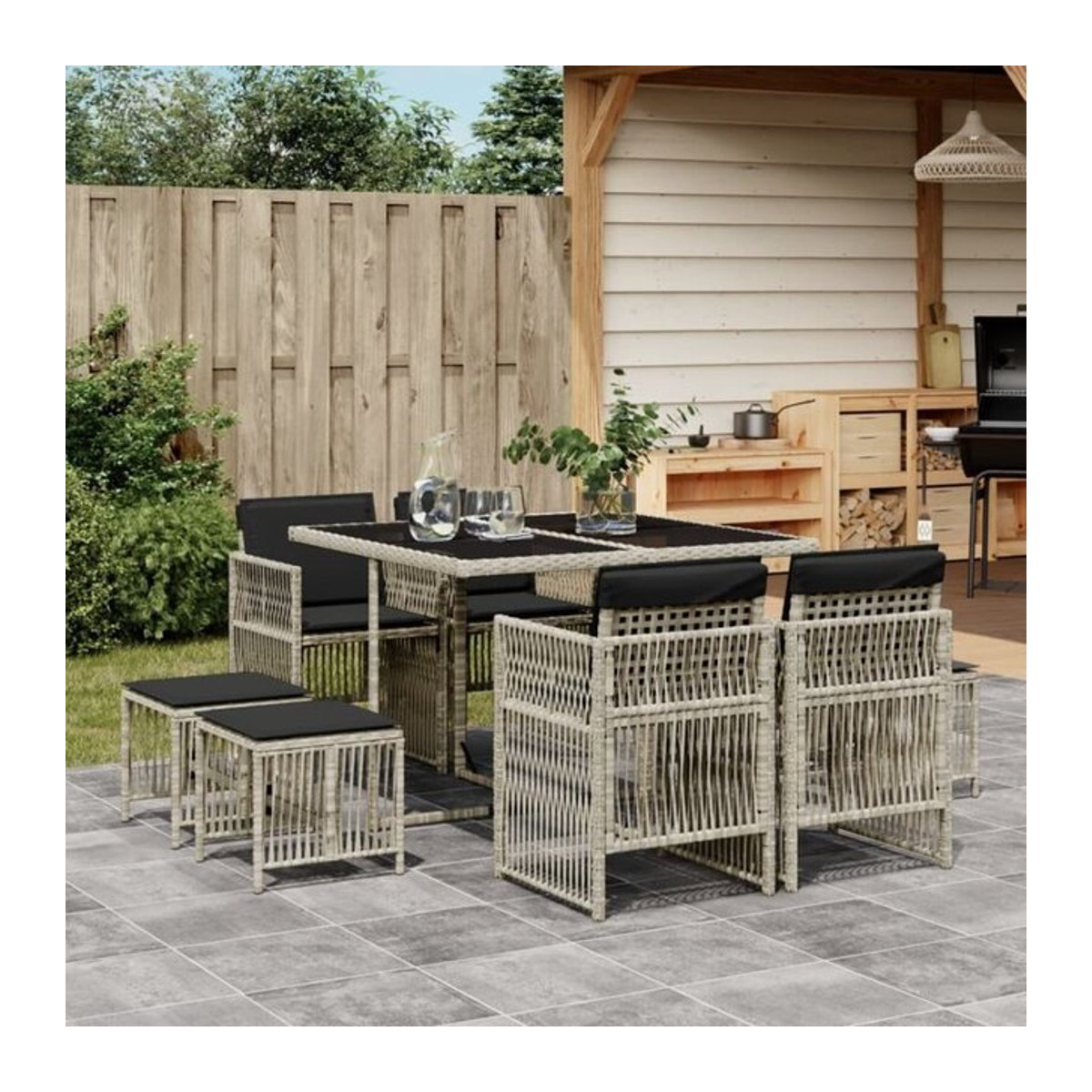 9-teilige moderne Garten-Essgruppe aus Poly-Rattan mit Kissen in Hellgrau von vidaxl - Bild 1