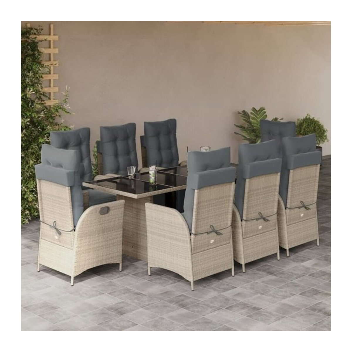 9-teilige moderne Garten-Essgruppe aus Poly-Rattan mit Kissen in Hellgrau von vidaxl - Bild 1