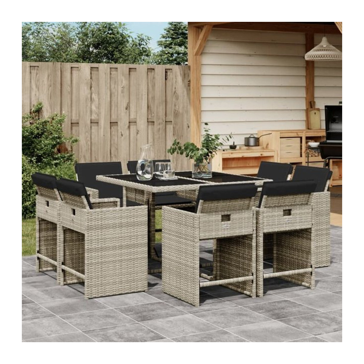 9-teilige moderne Garten-Essgruppe aus Poly-Rattan mit Kissen in Hellgrau von vidaxl - Bild 1