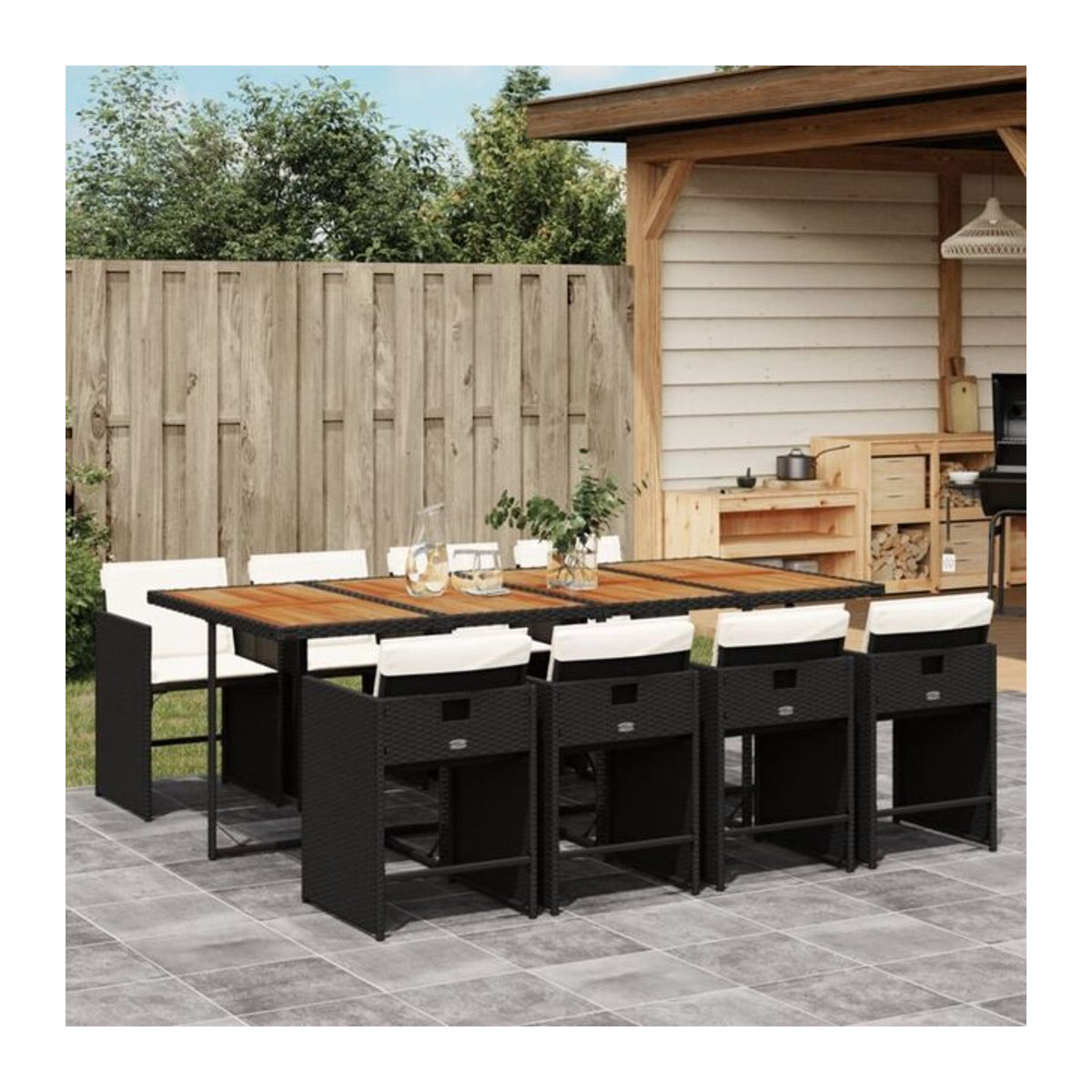 9-teilige moderne Garten-Essgruppe aus Poly-Rattan mit Kissen in Schwarz von vidaxl - Bild 1