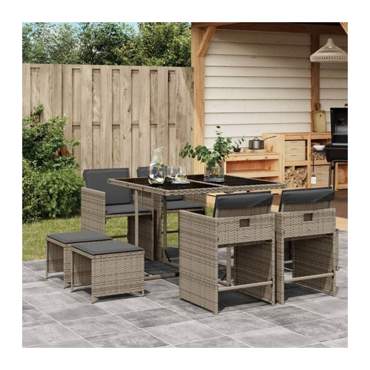 9-teiliges Gartenmöbel-Set aus Polyrattan und Glas mit Kissen in Grau von vidaxl - Bild 1